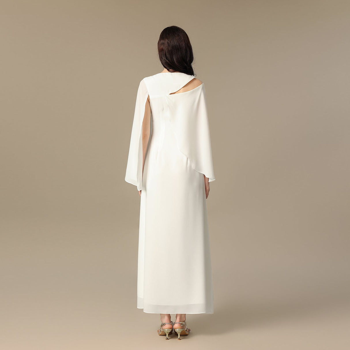 White Embroidered Cape Sleeve Crepe Dress - Noētic