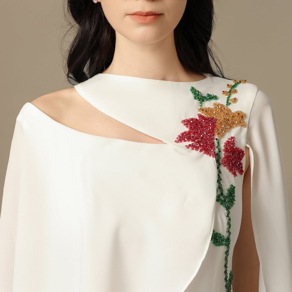 White Embroidered Cape Sleeve Crepe Dress - Noētic