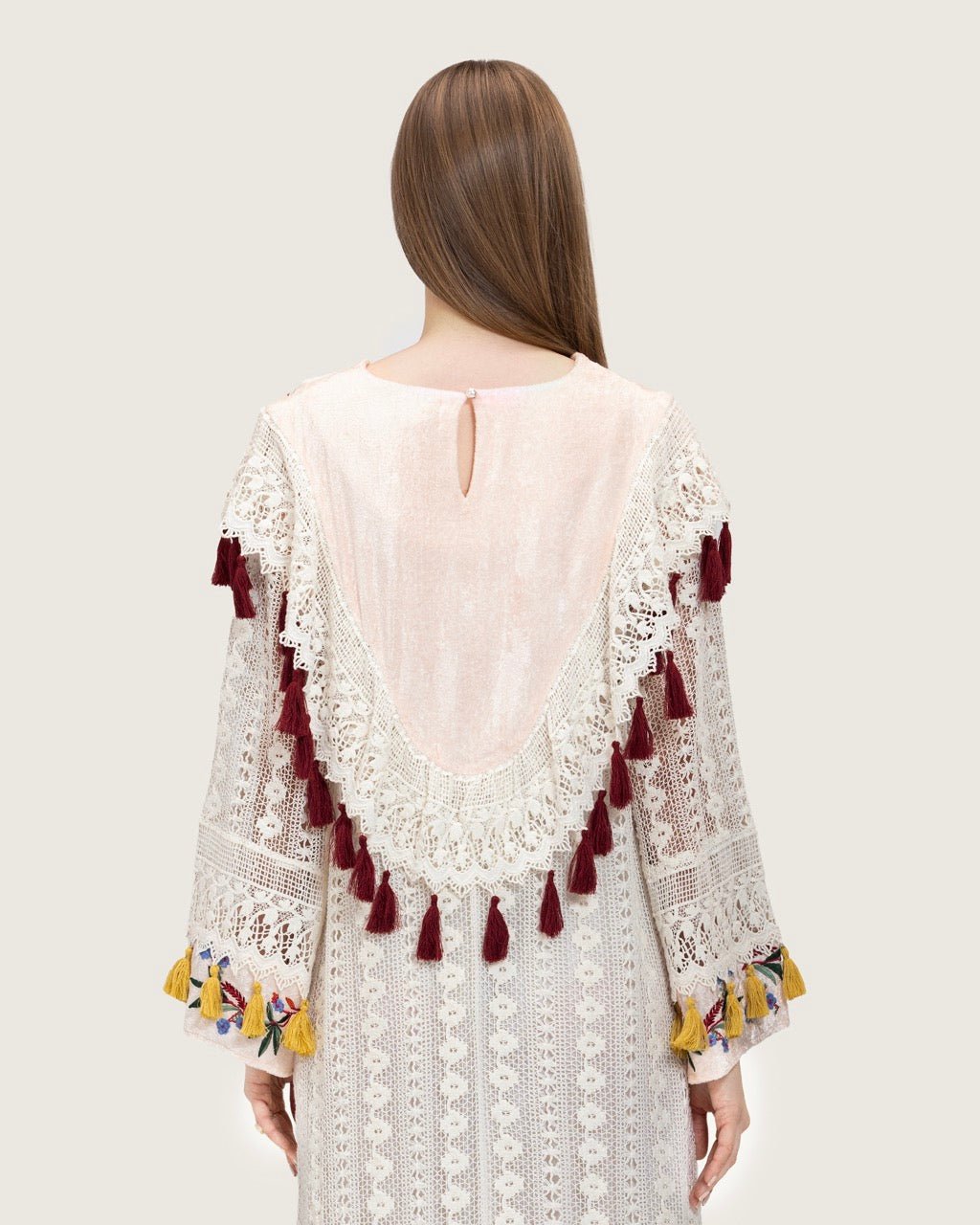 White Embroidered Lace Maxi Kaftan with Handmade Tassels - Noētic