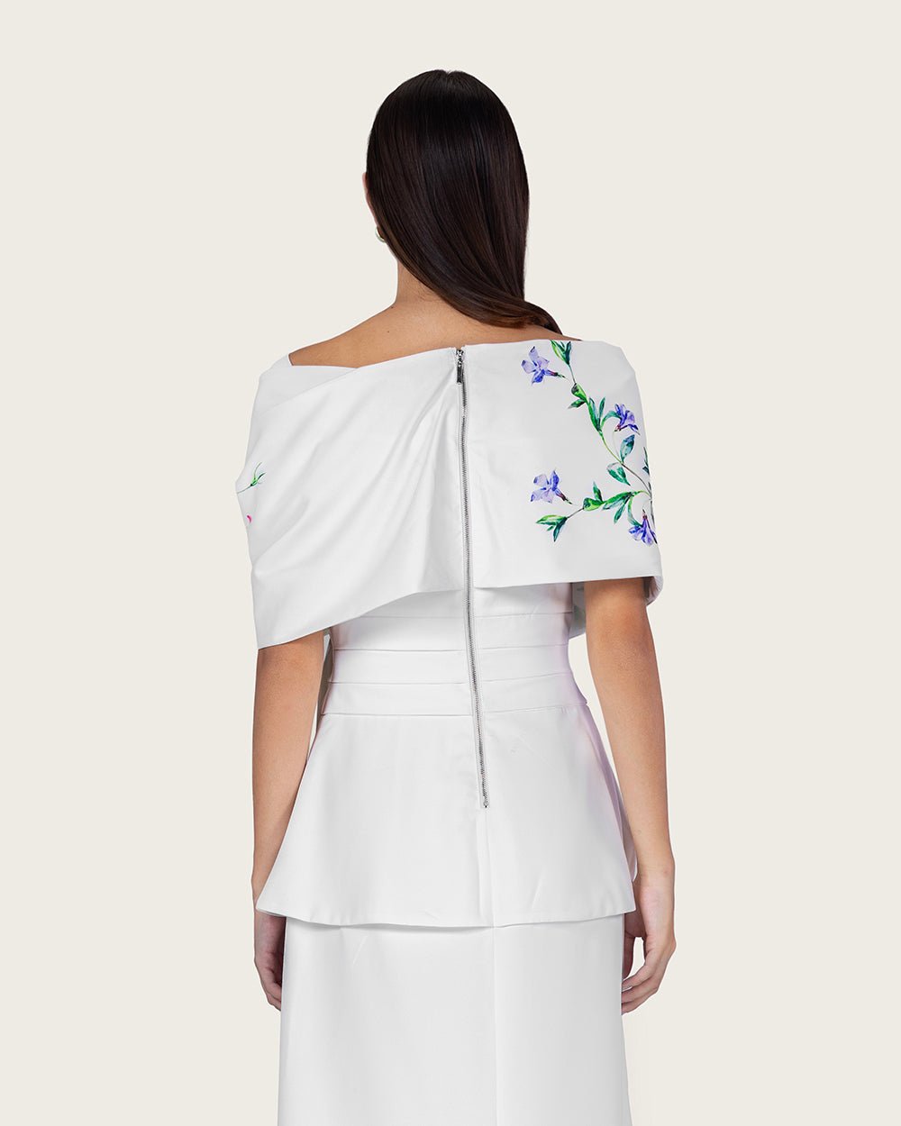 White Floral Crepe Maxi Dress with Off-Shoulder Neckline - Noētic