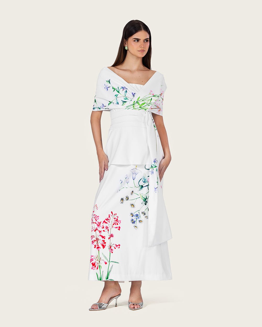 White Floral Crepe Maxi Dress with Off-Shoulder Neckline - Noētic