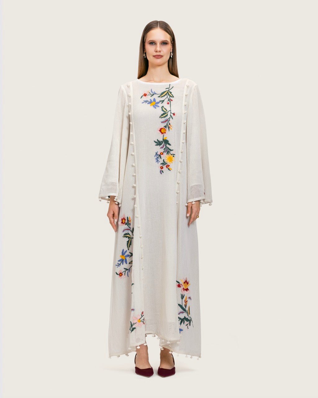 White Maxi Net Fabric Kaftan with Floral Embroidery - Noētic