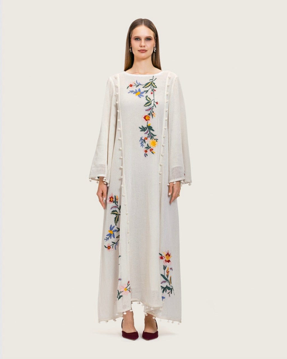 White Maxi Net Fabric Kaftan with Floral Embroidery - Noētic