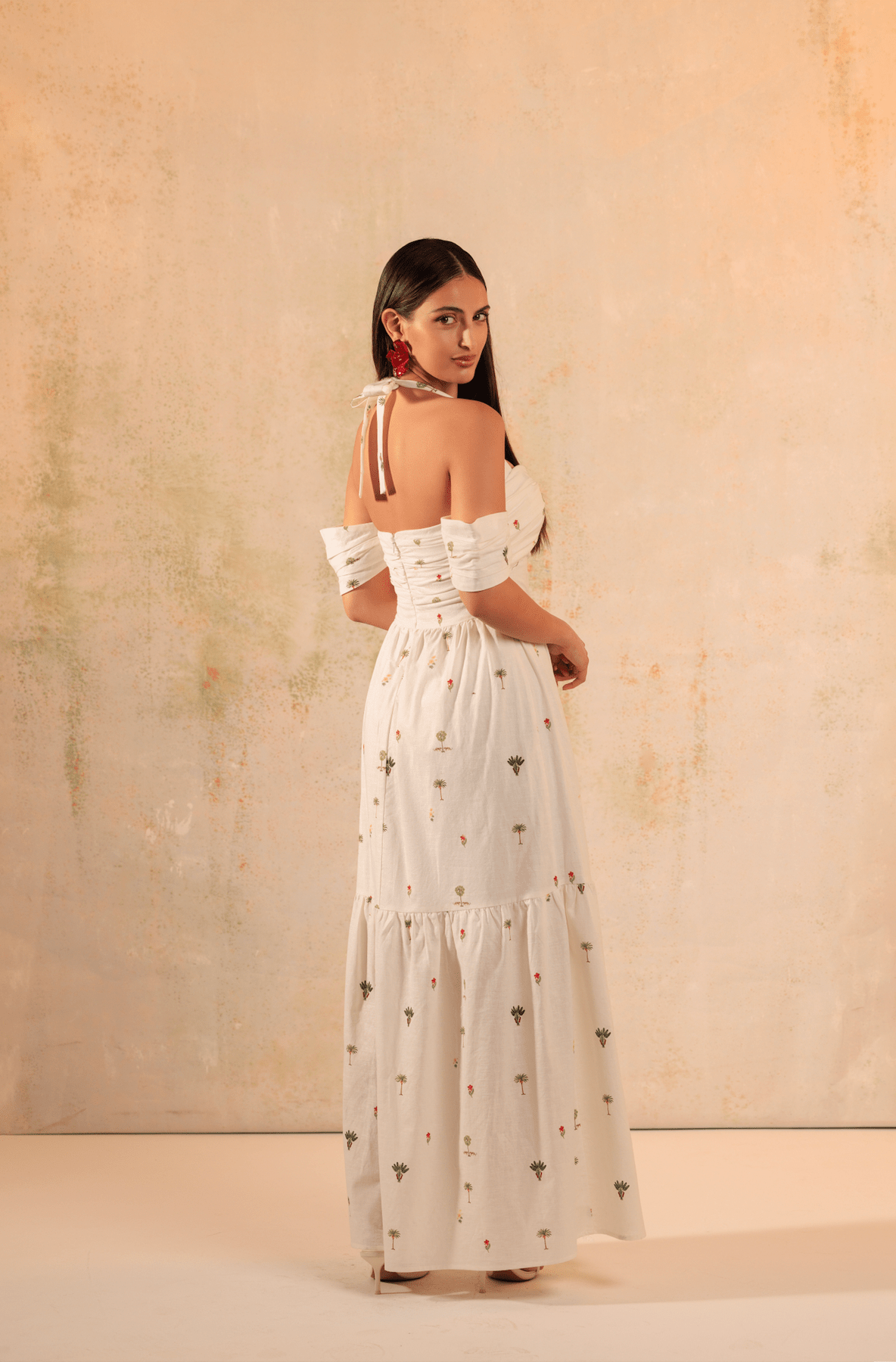 White Tropical Whisper: Tie Neck Maxi Linen Dress - Noētic