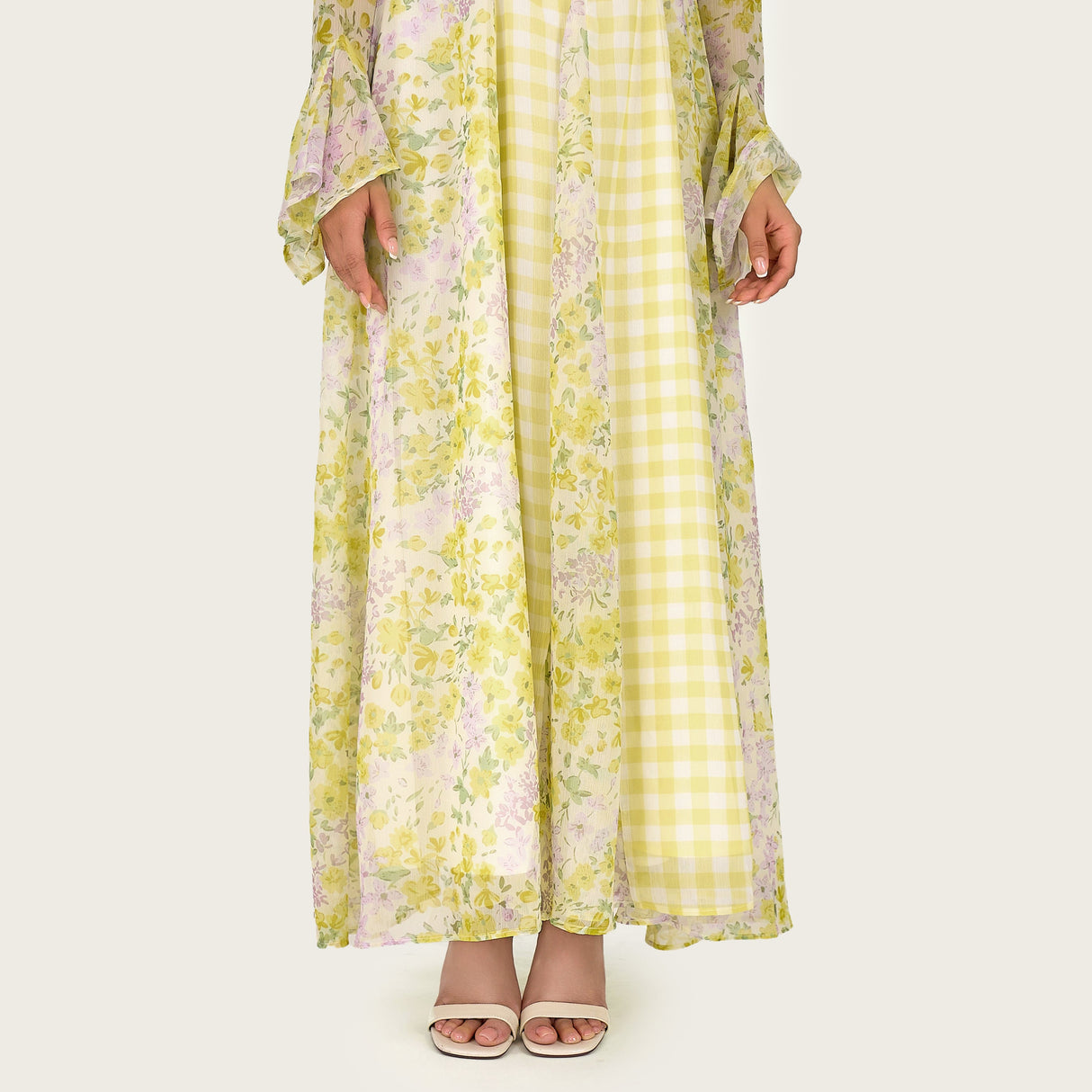 Yellow Floral Chiffon Dress with Bell Sleeves - Noētic