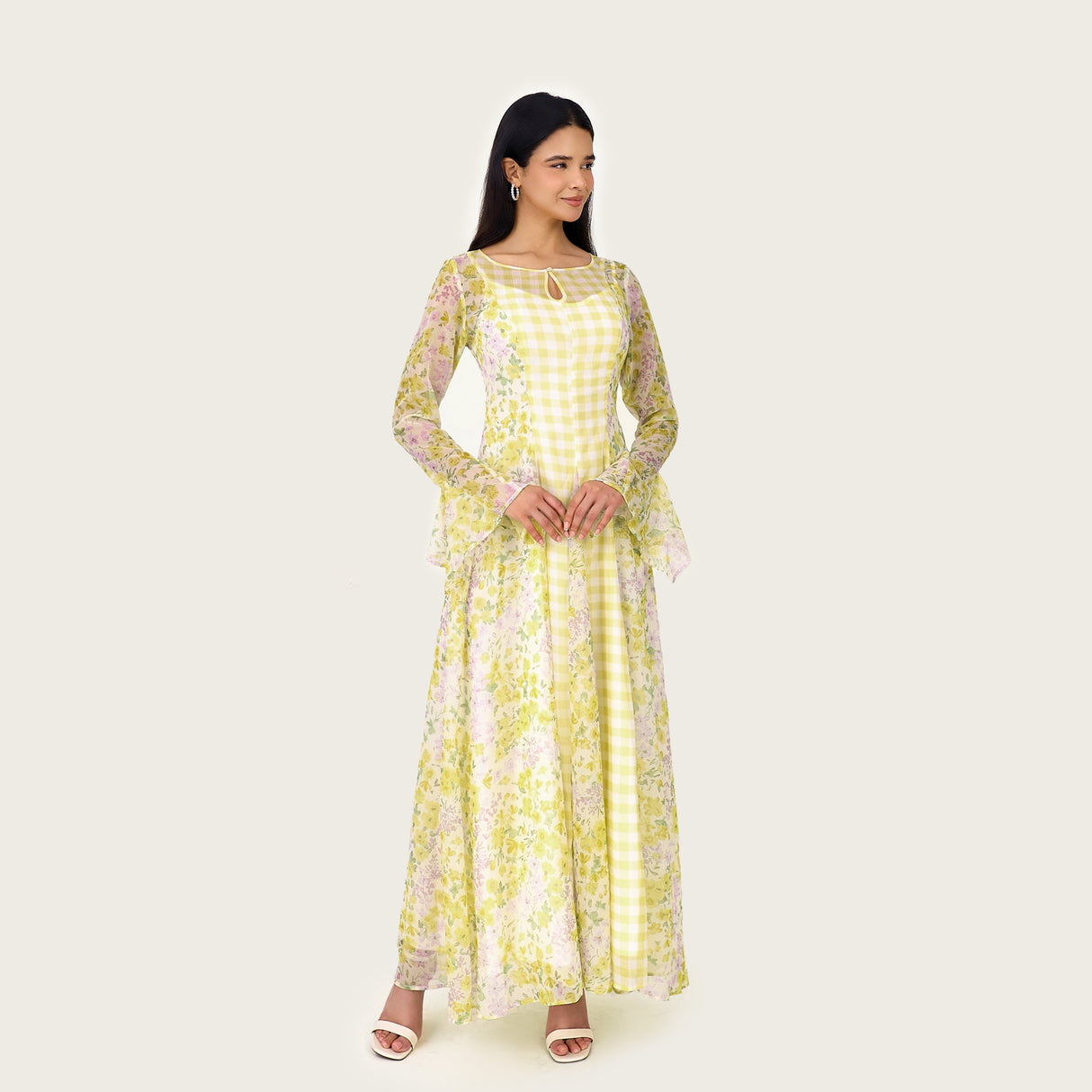 Yellow Floral Chiffon Dress with Bell Sleeves - Noētic
