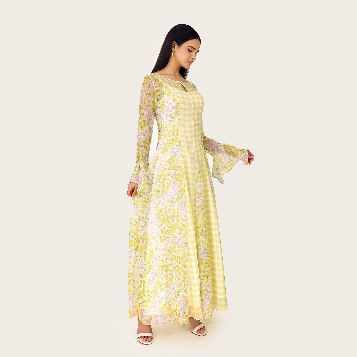 Yellow Floral Chiffon Dress with Bell Sleeves - Noētic