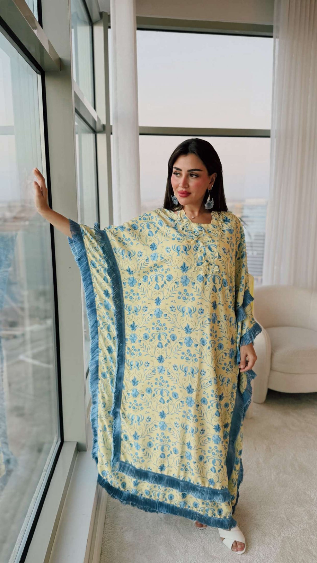 Yellow Satin Printed Dress with Fringes & 3D Floral Details - Noētic
