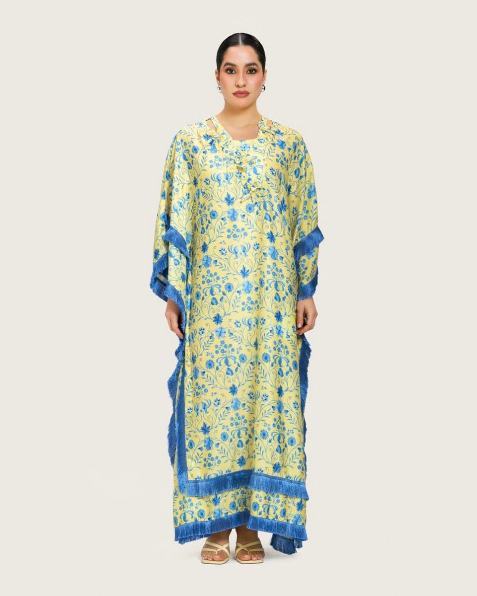 Yellow Satin Printed Dress with Fringes & 3D Floral Details - Noētic