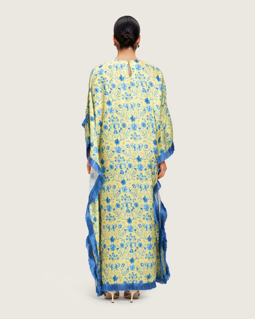 Yellow Satin Printed Dress with Fringes & 3D Floral Details - Noētic