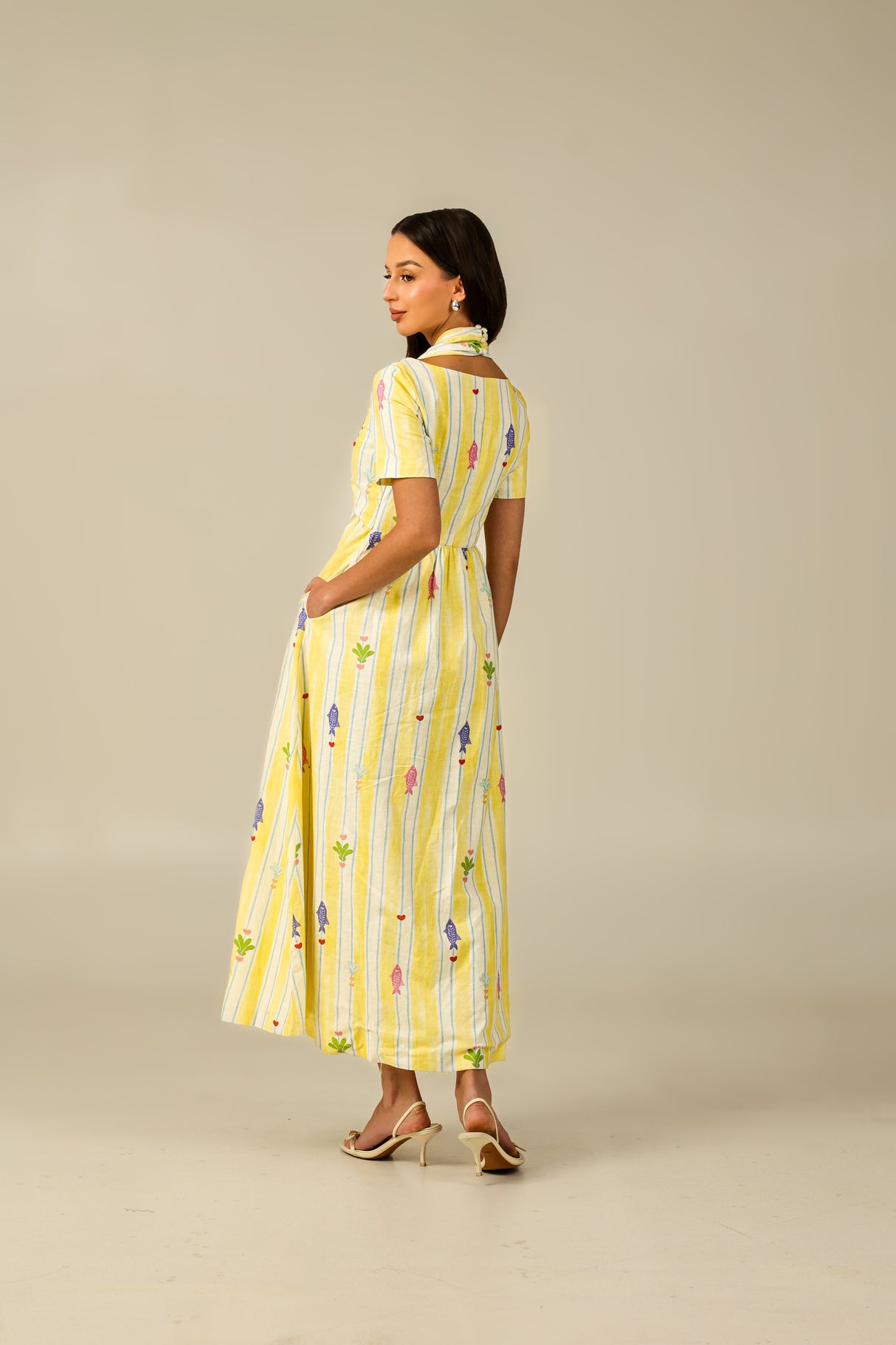 Yellow with Vibrant Summery Print Lightweight Linen Dress - Noētic