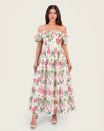 Luxury Poplin Floral Maxi Dress with Off-Shoulder Ruffle Neckline
