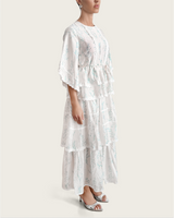 Aqua Bloom Tiered Lace Trim Maxi Dress
