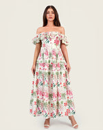 Luxury Poplin Floral Maxi Dress with Off-Shoulder Ruffle Neckline