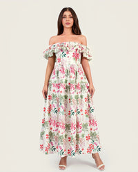 Luxury Poplin Floral Maxi Dress with Off-Shoulder Ruffle Neckline