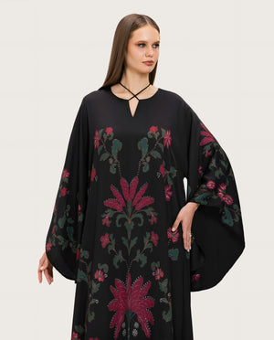 Satin Black Botanical Printed Kaftan