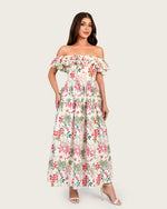 Luxury Poplin Floral Maxi Dress with Off-Shoulder Ruffle Neckline
