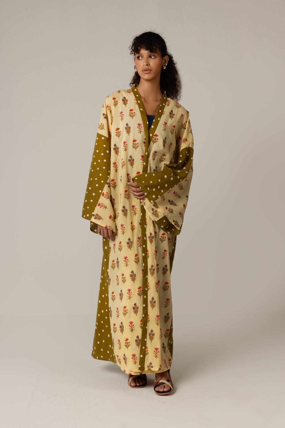 🎁 Printed Cotton Green Polka Dots Mixed Print Kimono Abaya (30% off)