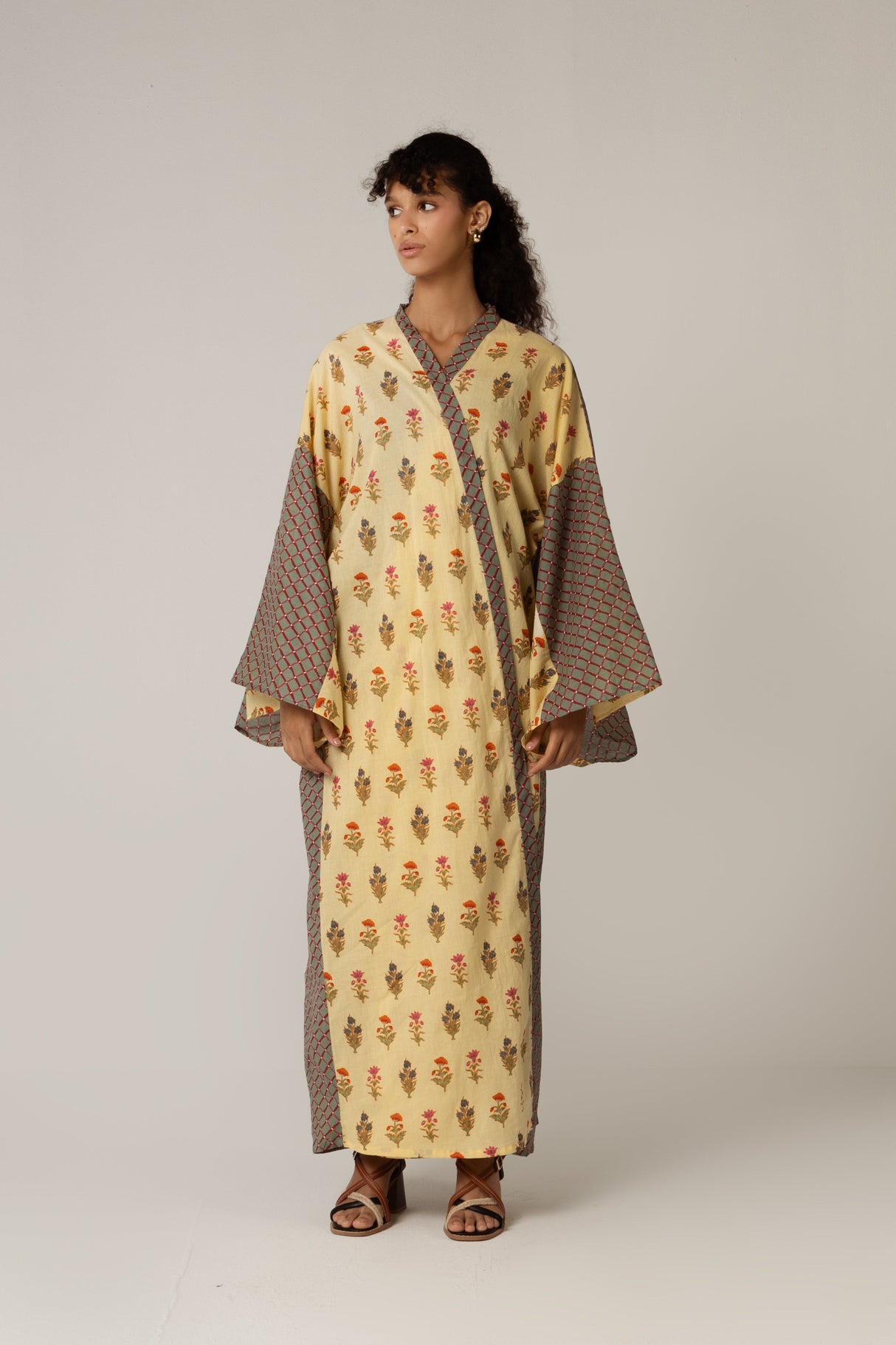 🎁 Printed Cotton Green Check Mixed Print Kimono Abaya (30% off)