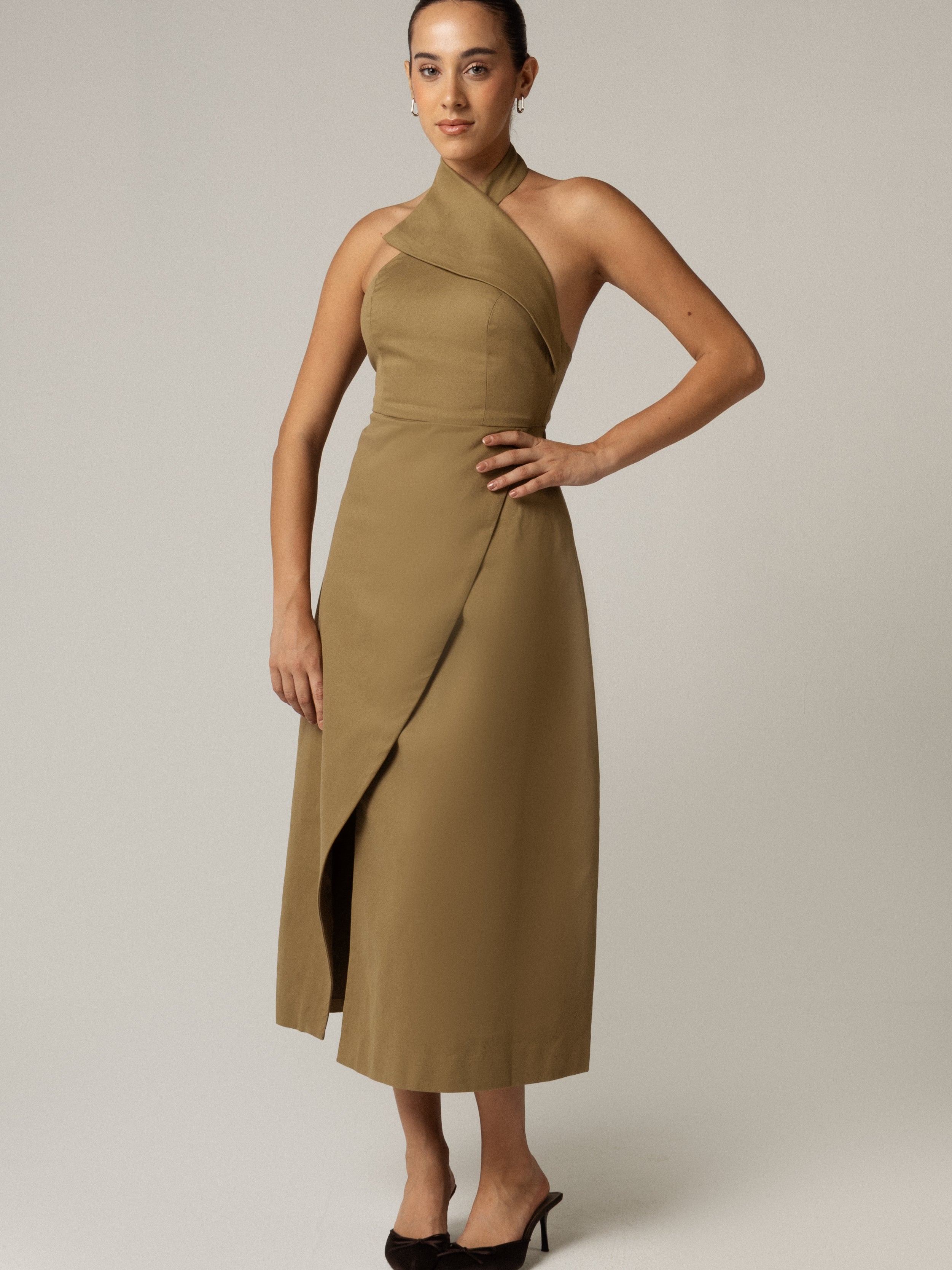 Khaki Halter Neck Dress - L Khaki Halter Neck Dress - L