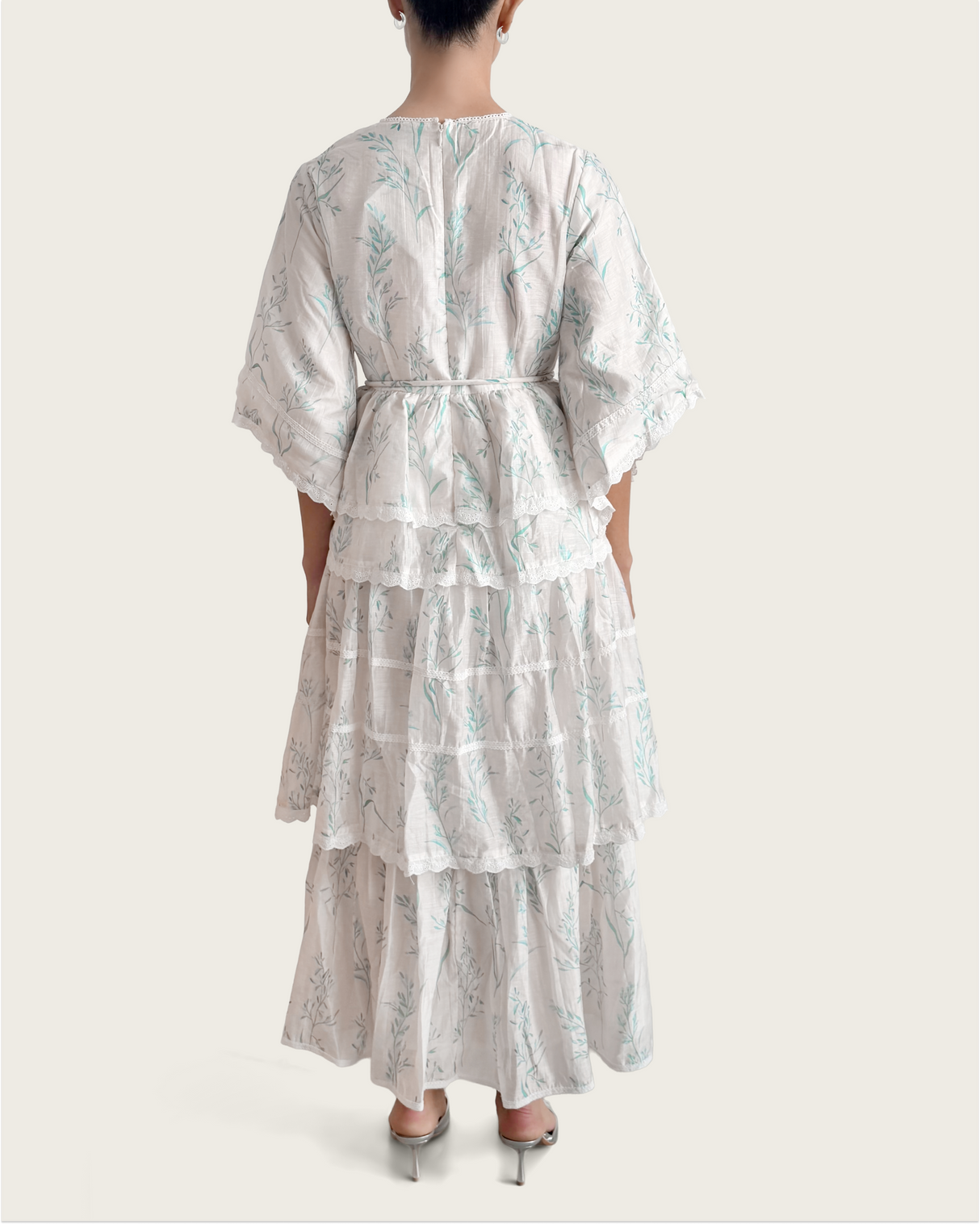 Aqua Bloom Tiered Lace Trim Maxi Dress