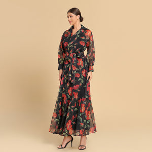 فستان شيفون لف اسود بطبعة زهور دافئة