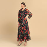 Red floral print chiffon wrap dress