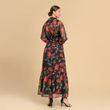 Red floral print chiffon wrap dress