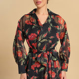 Red floral print chiffon wrap dress