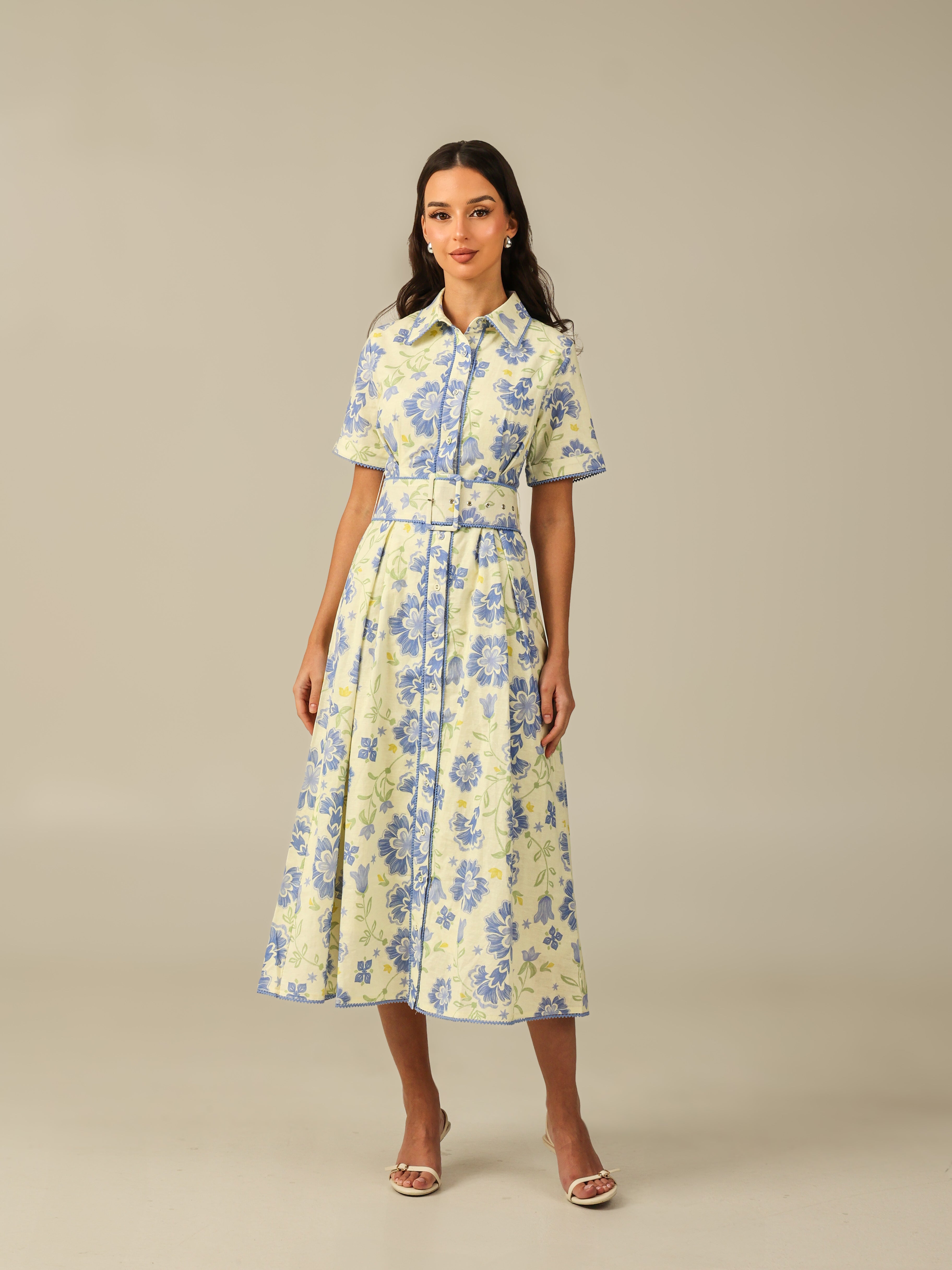 knee length dresses for ladies Short Sleeve Linen Shirt Dress with Floral Pattern in Soft Shades – Noētic