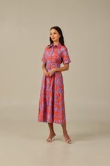 Printed Linen Dress with Vibrant Red and Purple Colors