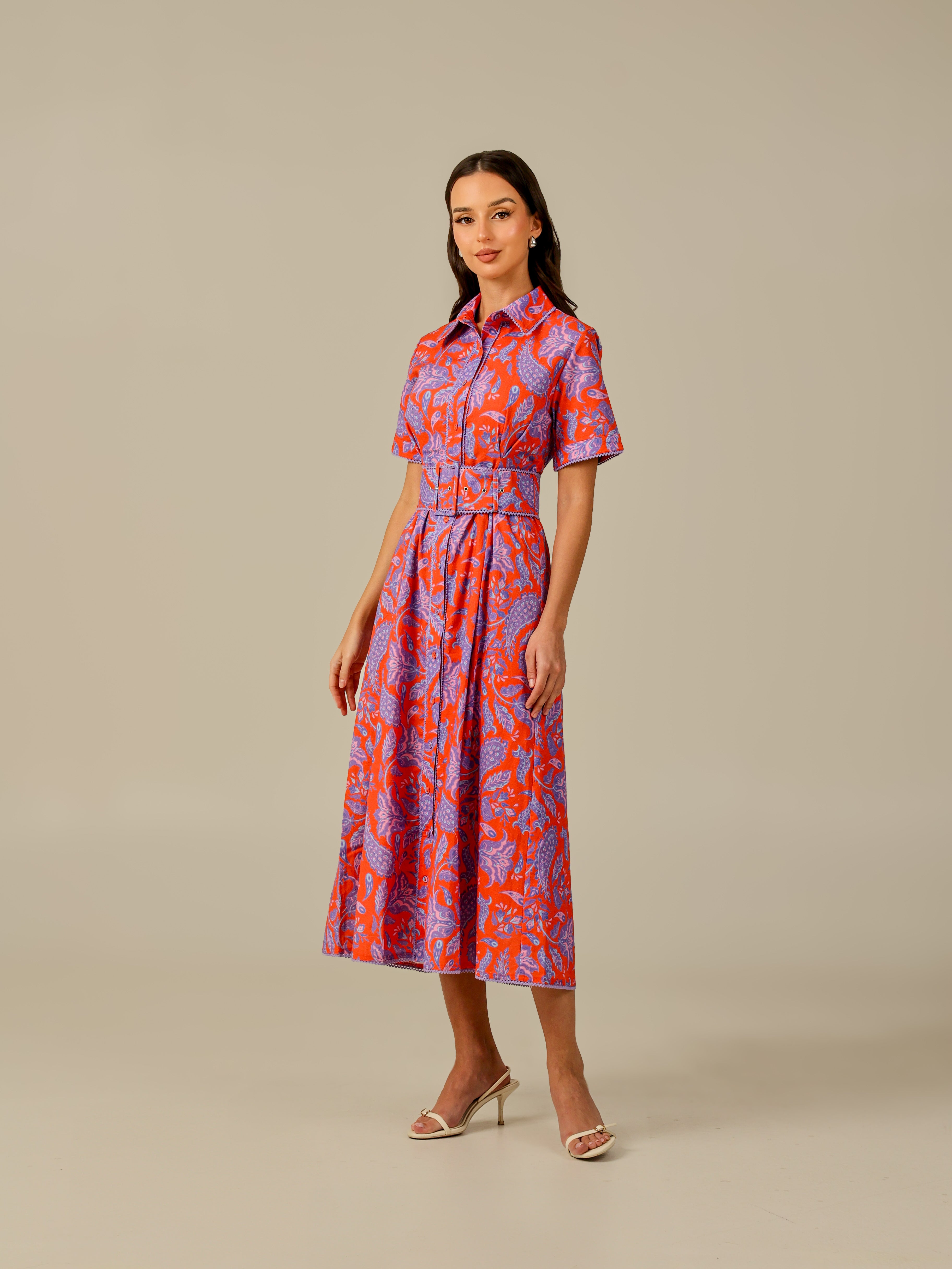Linen Printed Maxi Dress Red & Purple Floral Modest Summer Style for Women Notic Linen Printed Maxi Dress Red & Purple Floral Modest Summer Style for Women Notic