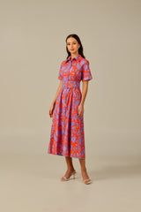Printed Linen Dress with Vibrant Red and Purple Colors