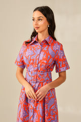 Printed Linen Dress with Vibrant Red and Purple Colors