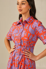 Printed Linen Dress with Vibrant Red and Purple Colors