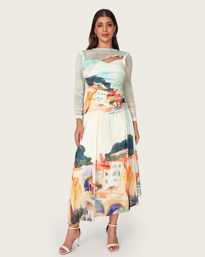 Mediterranean Landscape Printed Mesh Top & Skirt Set