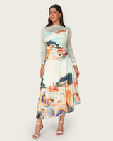 Mediterranean Landscape Printed Mesh Top & Skirt Set