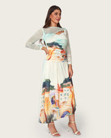 Mediterranean Landscape Printed Mesh Top & Skirt Set