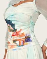 Mediterranean Landscape Printed Mesh Top & Skirt Set