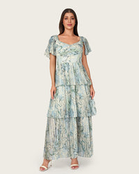 Abstract Botanical Pleated Chiffon Maxi Dress