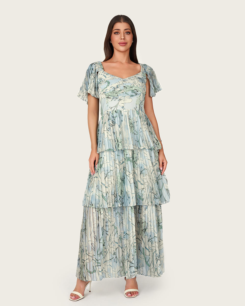 Abstract Botanical Pleated Chiffon Maxi Dress