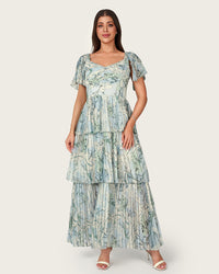 Abstract Botanical Pleated Chiffon Maxi Dress