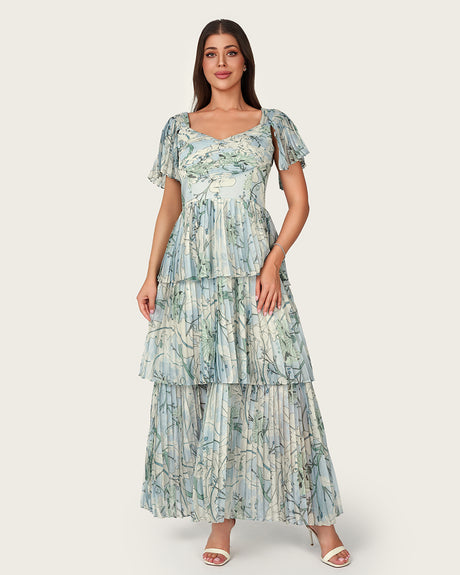 Abstract Botanical Pleated Chiffon Maxi Dress