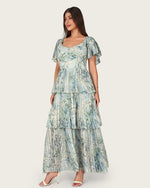 Abstract Botanical Pleated Chiffon Maxi Dress