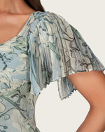 Abstract Botanical Pleated Chiffon Maxi Dress