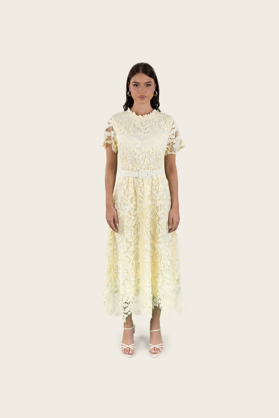 Floral Lace Belted Midi Dress