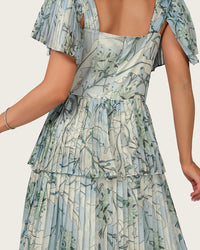 Abstract Botanical Pleated Chiffon Maxi Dress
