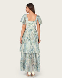 Abstract Botanical Pleated Chiffon Maxi Dress