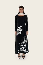 Crepe Dress with 3D Floral Appliqué & Chiffon Scarf