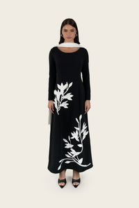 Crepe Dress with 3D Floral Appliqué & Chiffon Scarf
